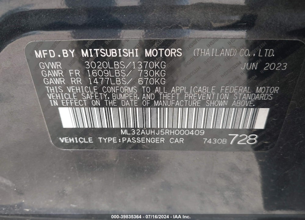 2024 MITSUBISHI MIRAGE ES/LE VIN: ML32AUHJ5RH000409