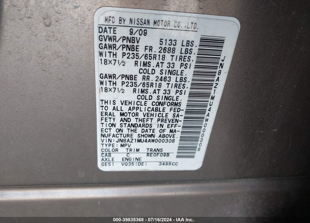 2010 NISSAN MURANO VIN: JN8AZ1MU4AW000308