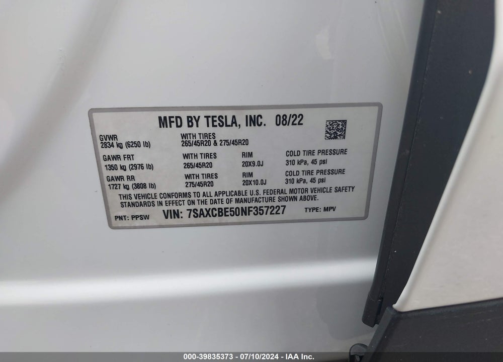 2022 TESLA MODEL X DUAL MOTOR ALL-WHEEL DRIVE VIN: 7SAXCBE50NF357227