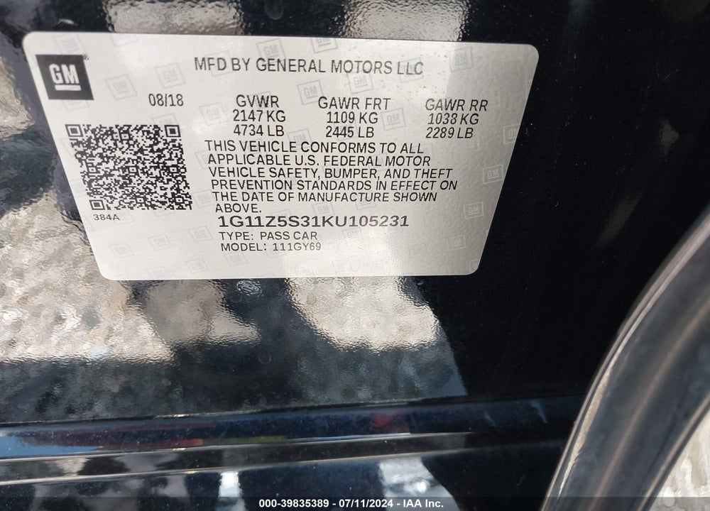 2019 CHEVROLET IMPALA LT VIN: 1G11Z5S31KU105231
