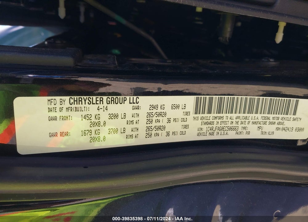 2014 JEEP GRAND CHEROKEE ALTITUDE VIN: 1C4RJFAG0EC506663