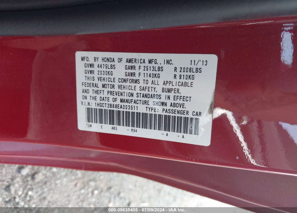 2014 HONDA ACCORD EX-L V-6 VIN: 1HGCT2B88EA003511