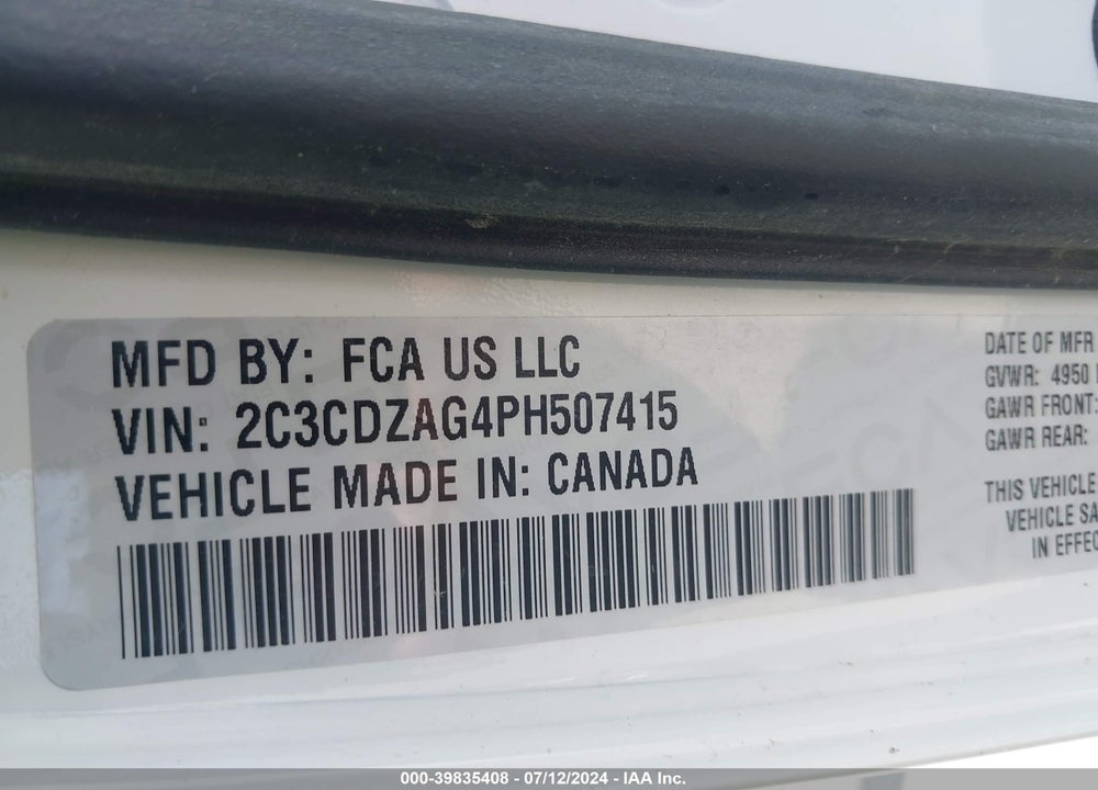 2023 DODGE CHALLENGER SXT VIN: 2C3CDZAG4PH507415