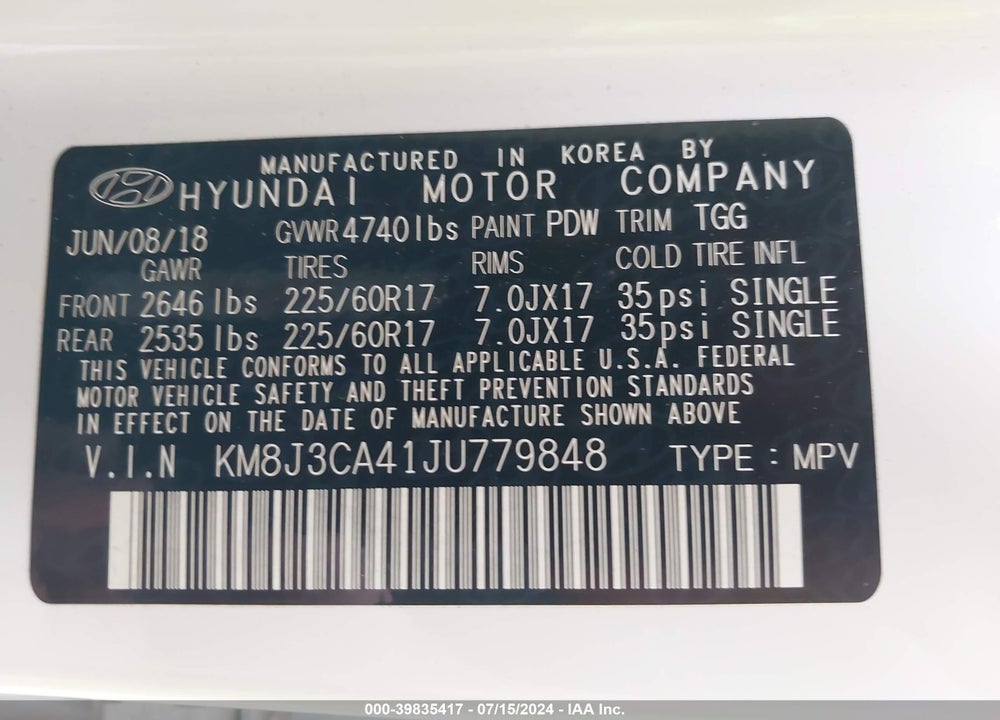 2018 HYUNDAI TUCSON SEL VIN: KM8J3CA41JU779848