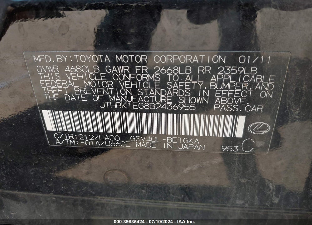 2011 LEXUS ES 350 VIN: JTHBK1EG8B2436955