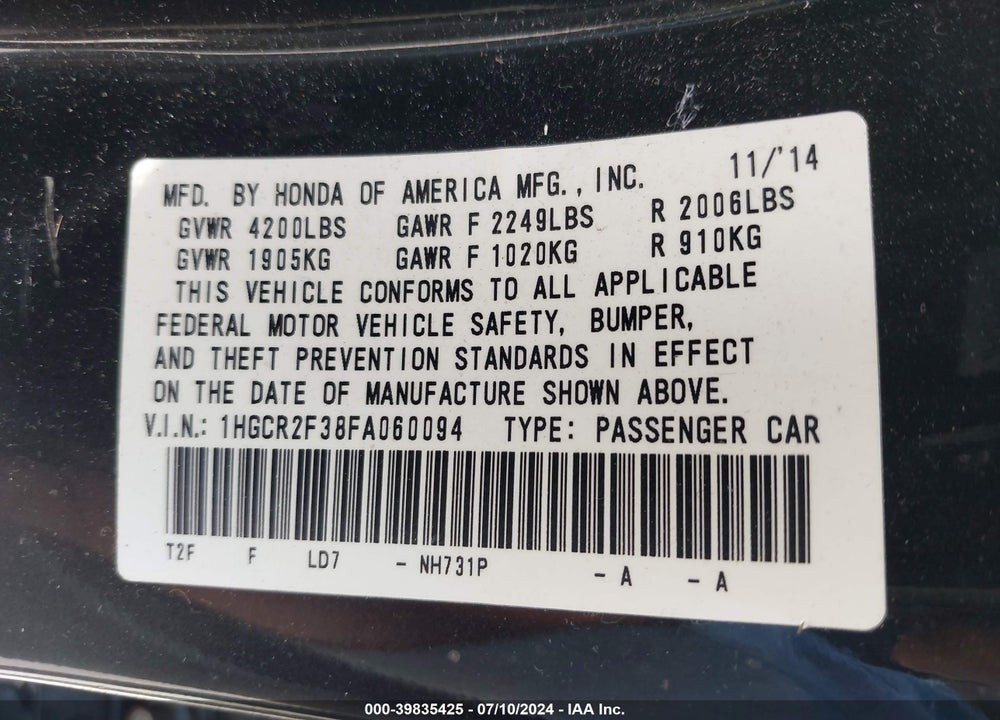 2015 HONDA ACCORD LX VIN: 1HGCR2F38FA060094