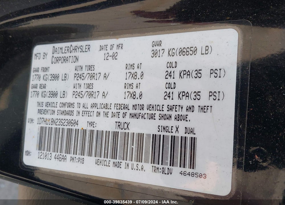 2003 DODGE RAM 1500 SLT/LARAMIE/ST VIN: 1D7HU18N23S230604