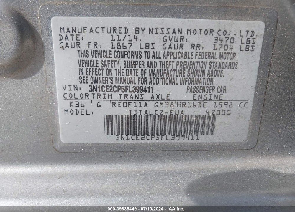 2015 NISSAN VERSA NOTE VIN: 3N1CE2CP5FL399411