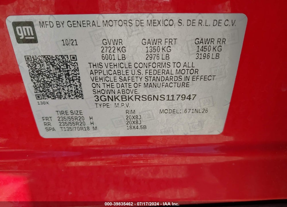 2022 CHEVROLET BLAZER AWD RS VIN: 3GNKBKRS6NS117947