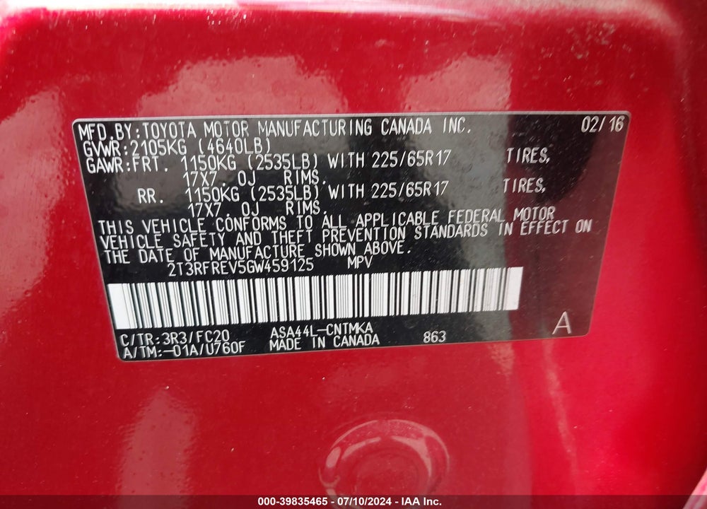 2016 TOYOTA RAV4 XLE VIN: 2T3RFREV5GW459125