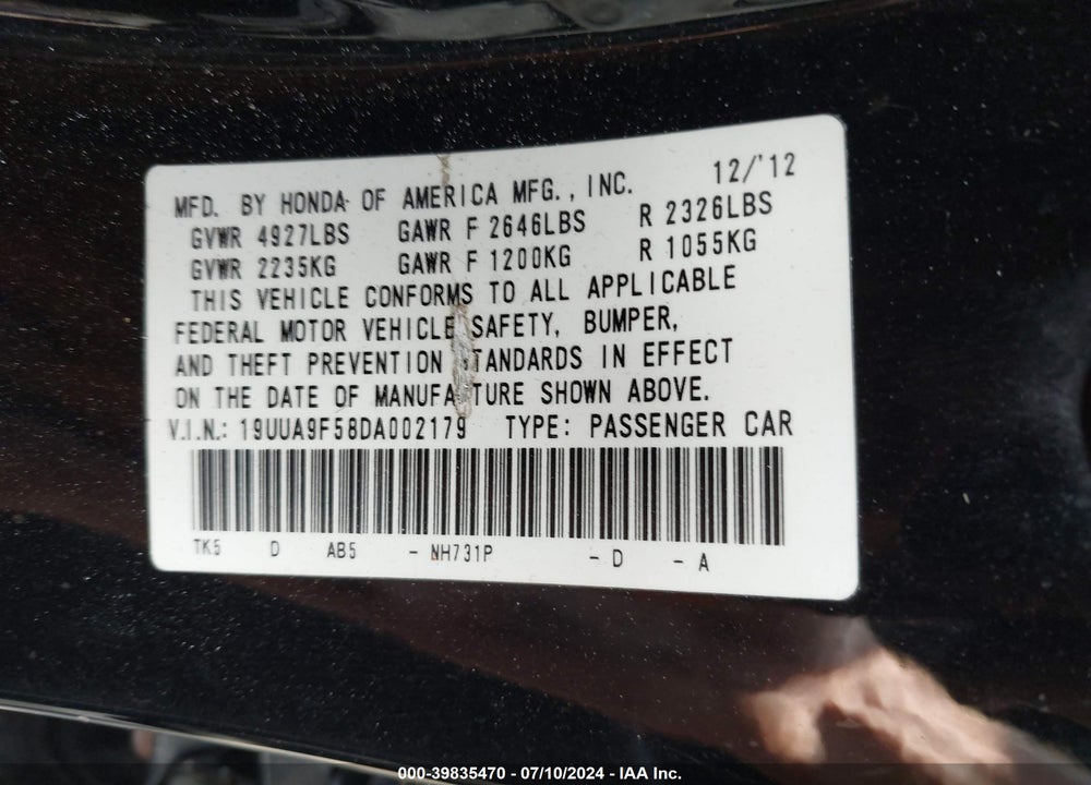 2013 ACURA TL 3.7 VIN: 19UUA9F58DA002179