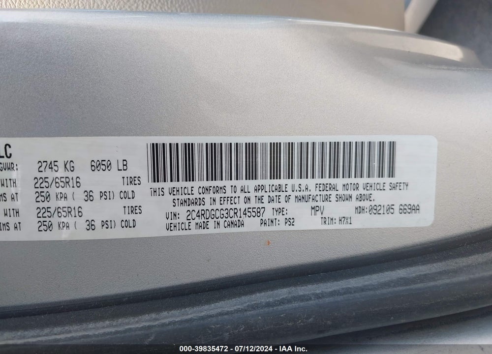 2012 DODGE GRAND CARAVAN SXT VIN: 2C4RDGCG3CR145587