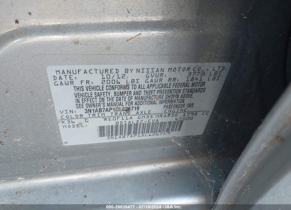 2013 NISSAN SENTRA SV VIN: 3N1AB7AP1DL626719