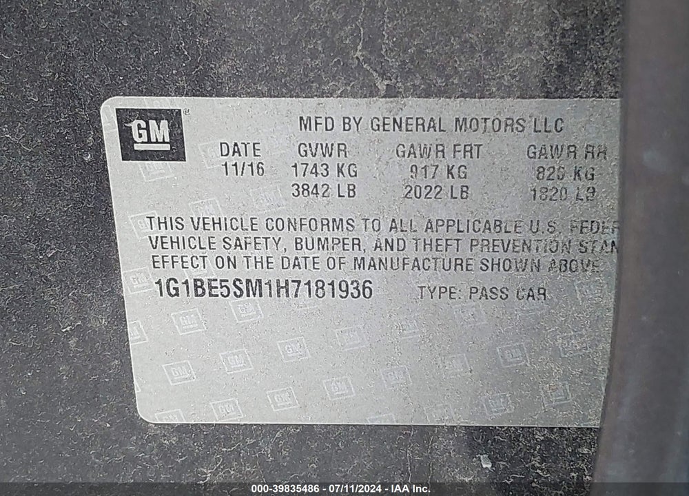 2017 CHEVROLET CRUZE LT AUTO VIN: 1G1BE5SM1H7181936