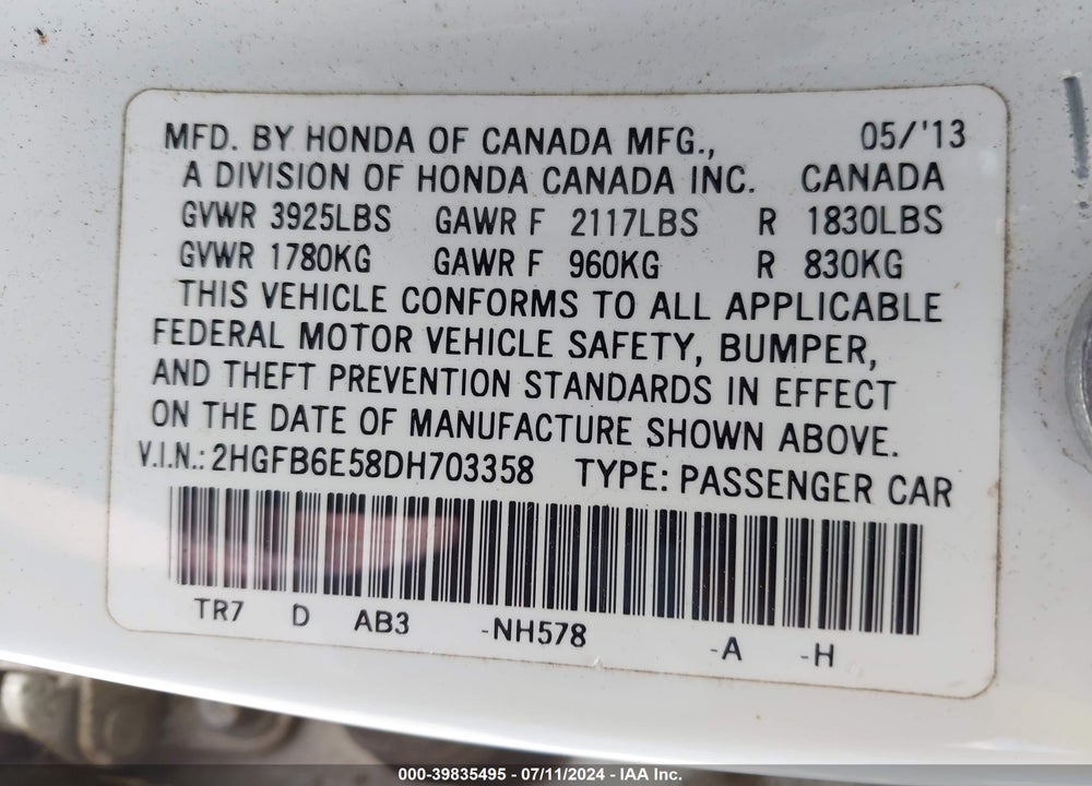 2013 HONDA CIVIC SI VIN: 2HGFB6E58DH703358