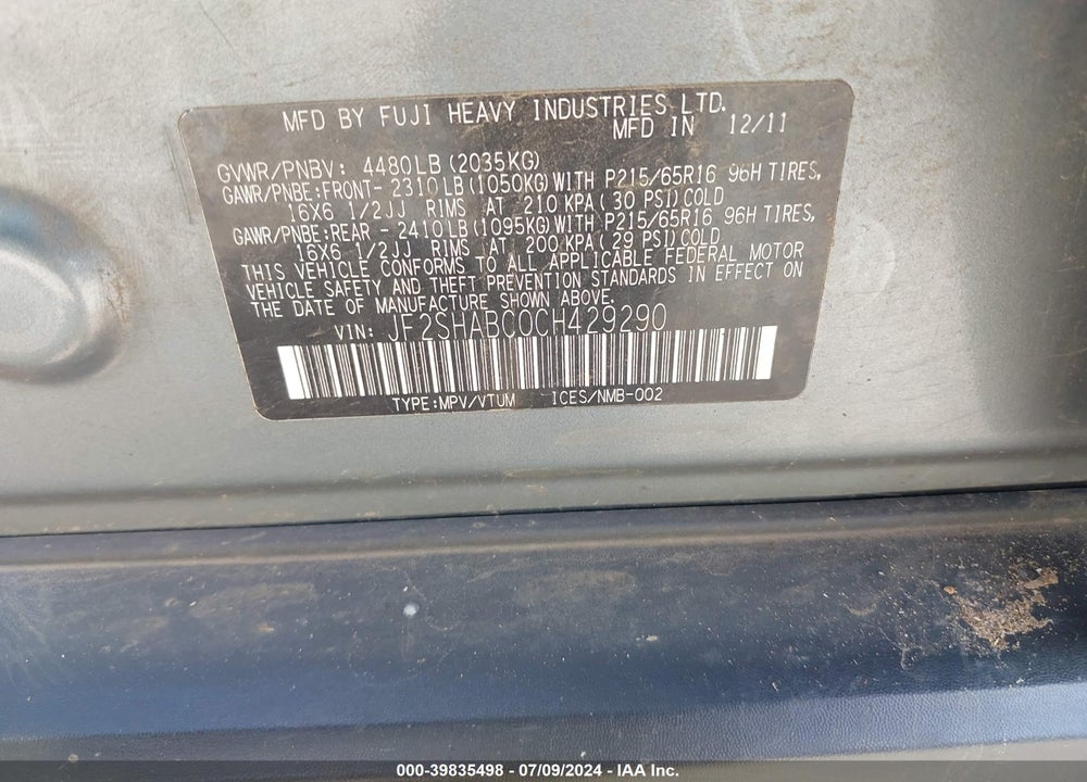 2012 SUBARU FORESTER 2.5X VIN: JF2SHABC0CH429290