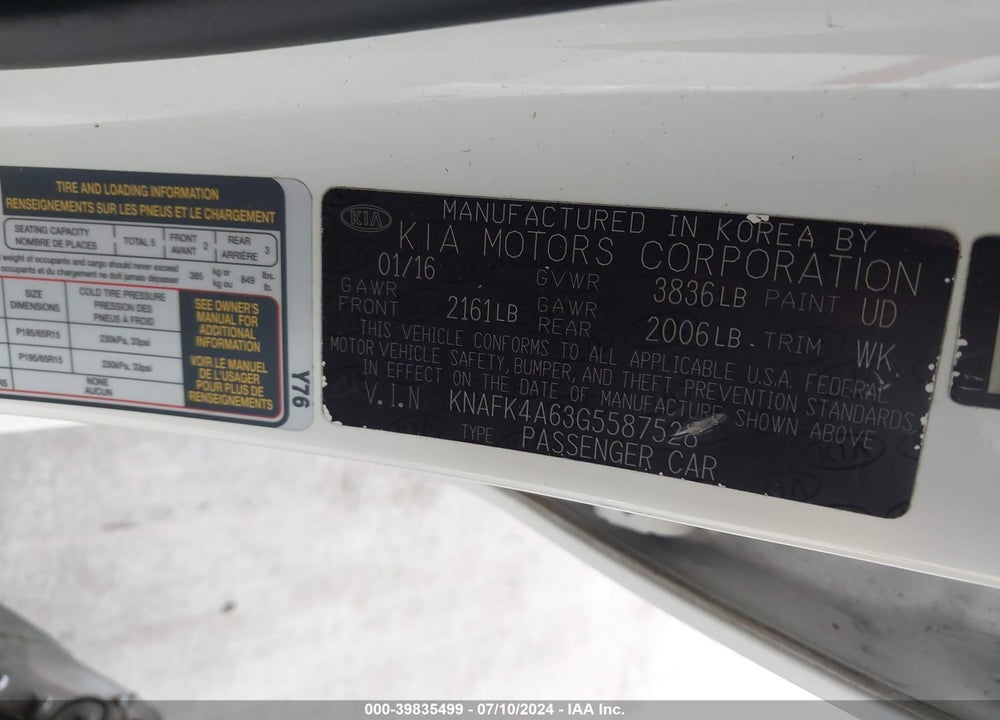 2016 KIA FORTE LX VIN: KNAFK4A63G5587528