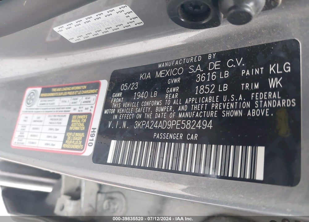2023 KIA RIO S VIN: 3KPA24AD9PE582494