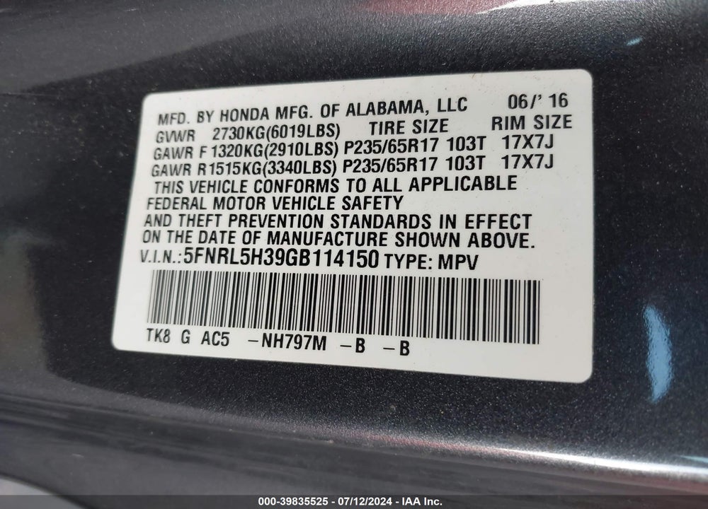 2016 HONDA ODYSSEY SE VIN: 5FNRL5H39GB114150