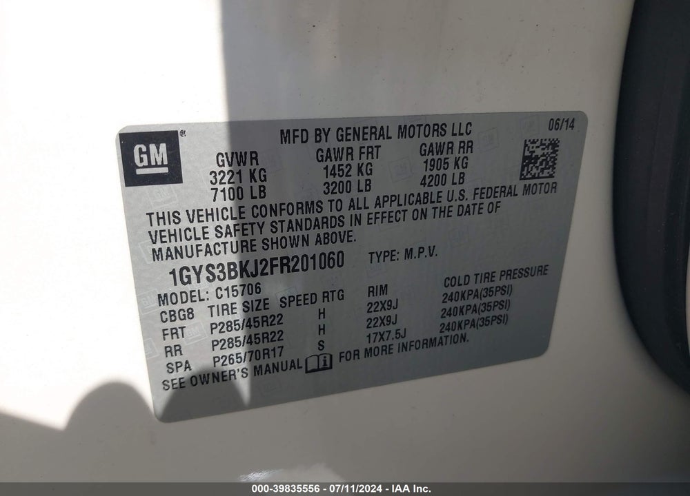 2015 CADILLAC ESCALADE LUXURY VIN: 1GYS3BKJ2FR201060