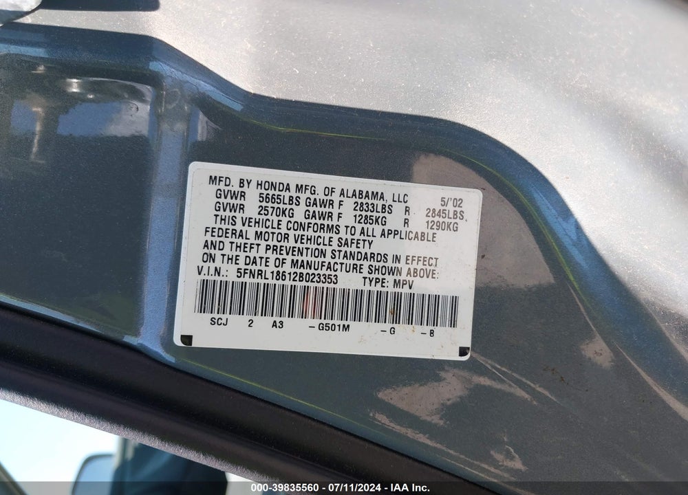 2002 HONDA ODYSSEY EX VIN: 5FNRL18612B023353