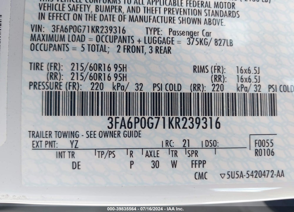 2019 FORD FUSION VIN: 3FA6P0G71KR239316