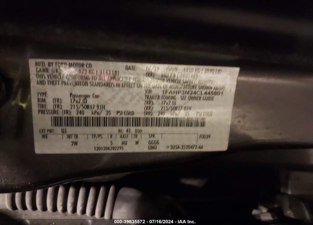 2012 FORD FOCUS SEL VIN: 1FAHP3M24CL445801