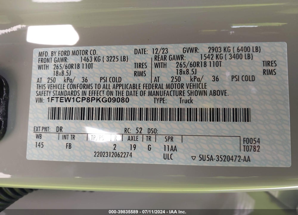 2023 FORD F-150 XLT VIN: 1FTEW1CP8PKG09080