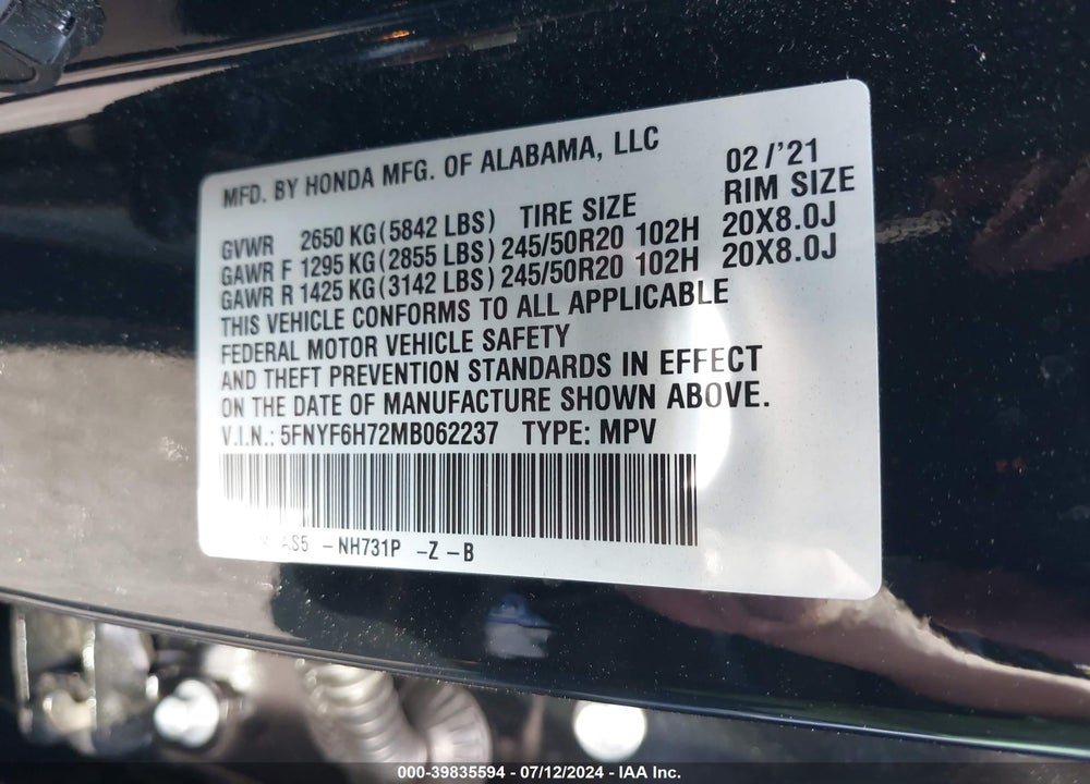 2021 HONDA PILOT AWD BLACK EDITION VIN: 5FNYF6H72MB062237