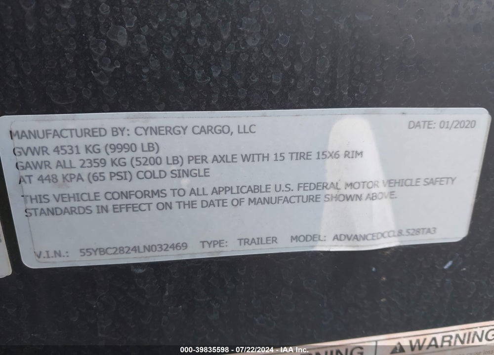 2020 CYNERGY CARGO LLC TRAILER VIN: 55YBC2824LN032469
