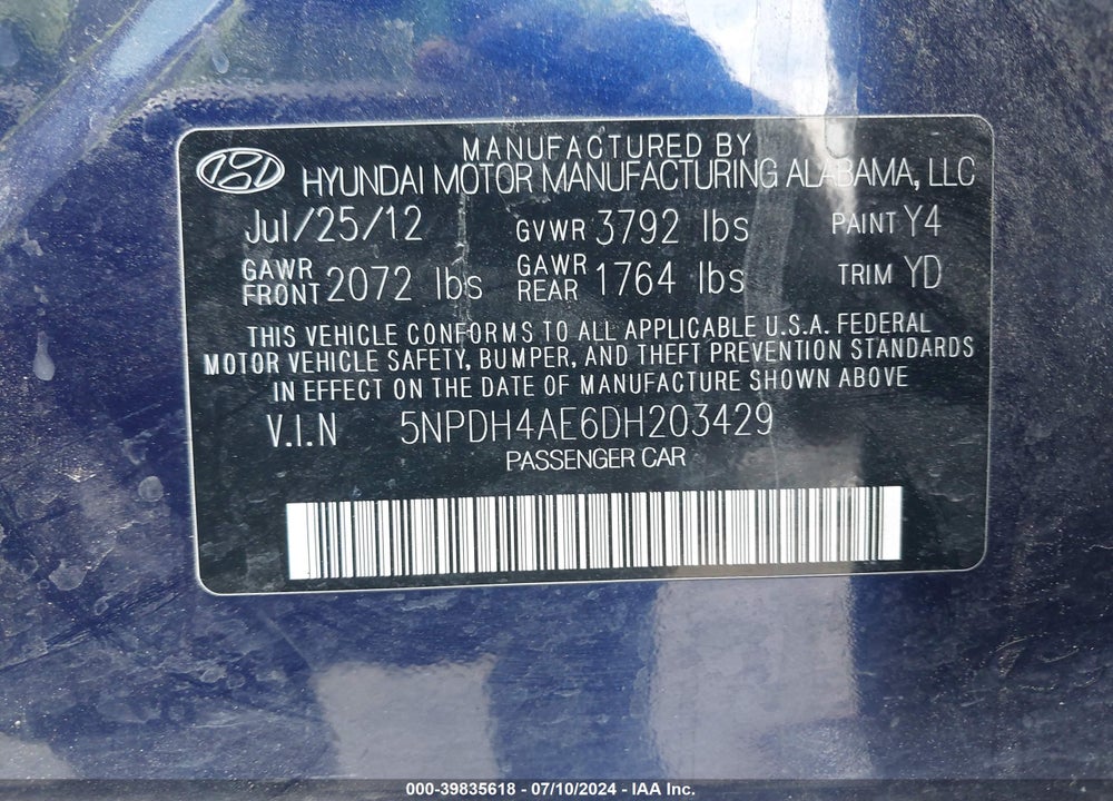 2013 HYUNDAI ELANTRA GLS VIN: 5NPDH4AE6DH203429