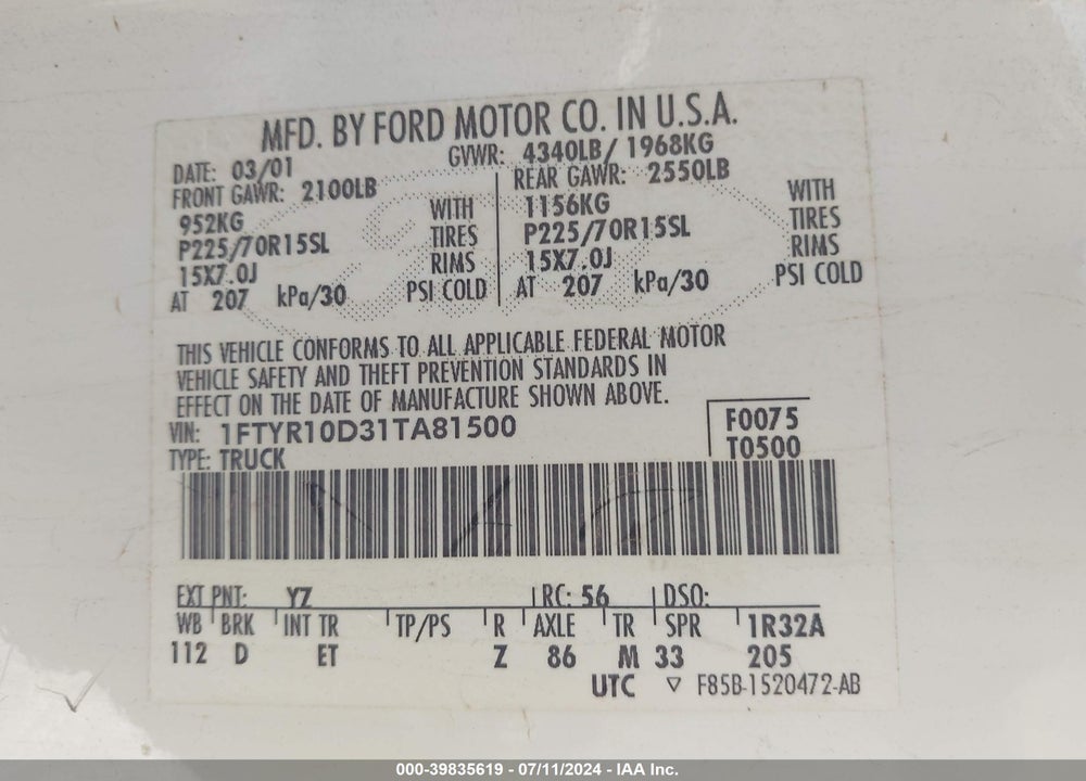 2001 FORD RANGER XL/XLT VIN: 1FTYR10D31TA81500
