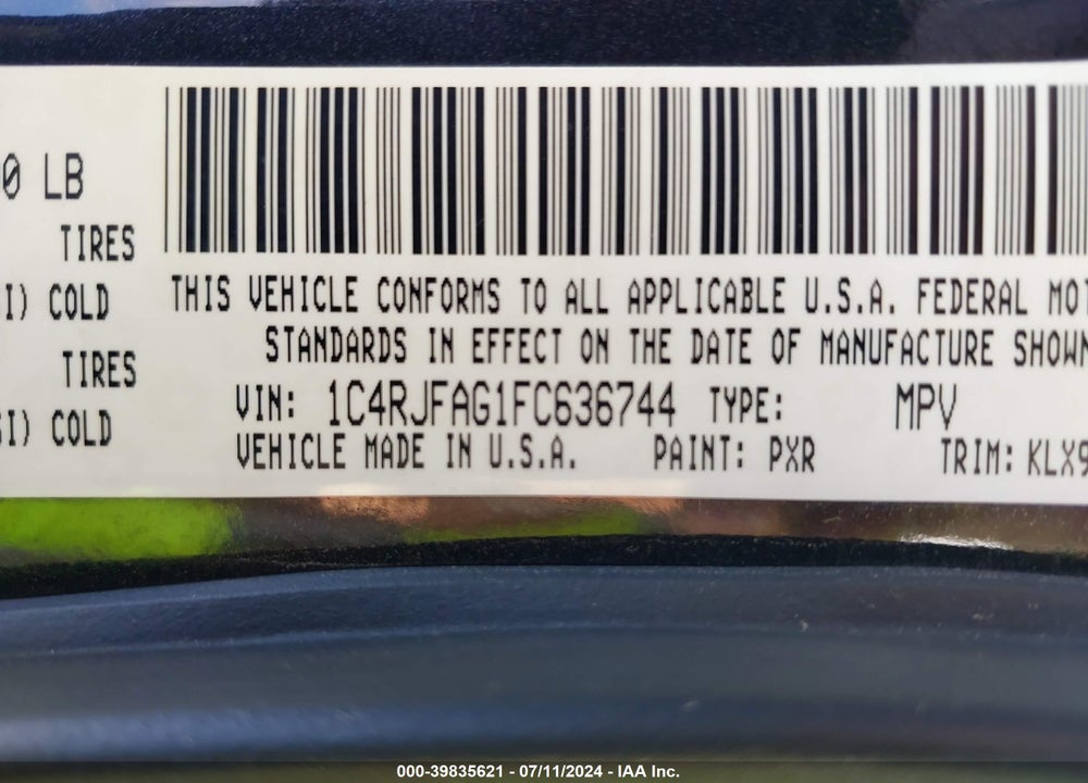 2015 JEEP GRAND CHEROKEE ALTITUDE VIN: 1C4RJFAG1FC636744
