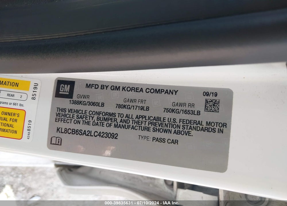 2020 CHEVROLET SPARK FWD LS AUTOMATIC VIN: KL8CB6SA2LC423092