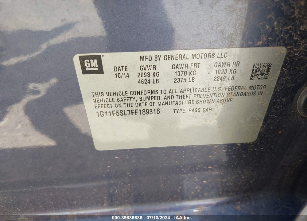 2015 CHEVROLET MALIBU 1LZ VIN: 1G11F5SL7FF189316