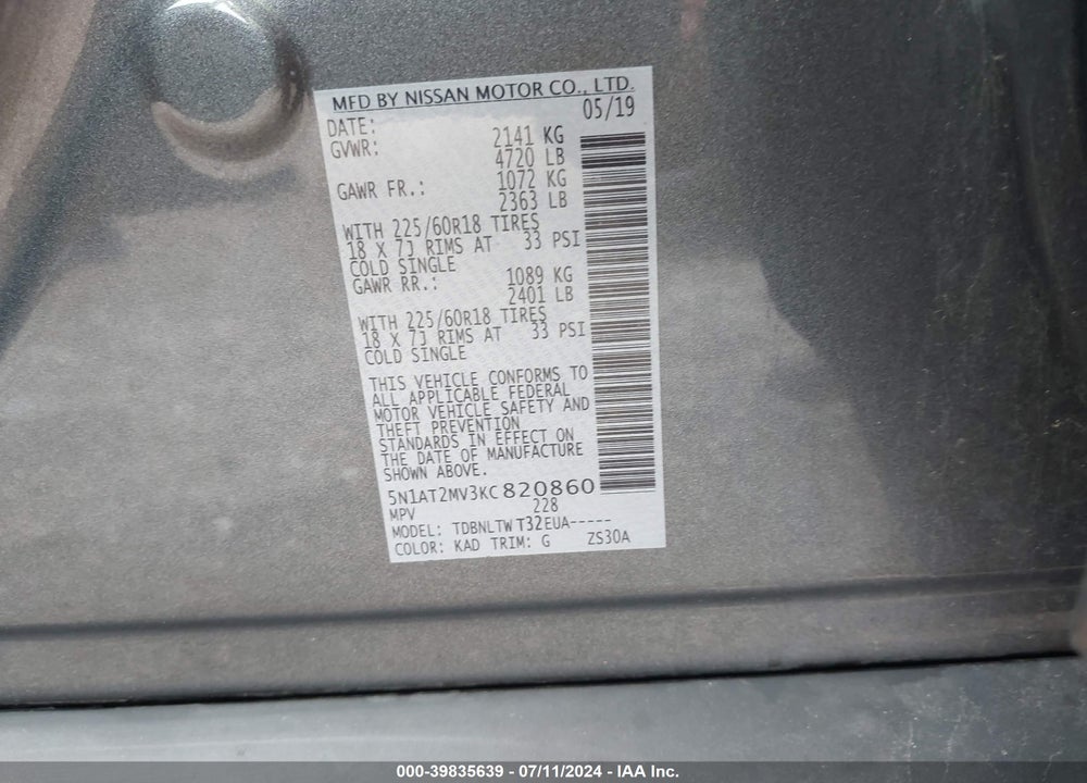 2019 NISSAN ROGUE SV VIN: 5N1AT2MV3KC820860