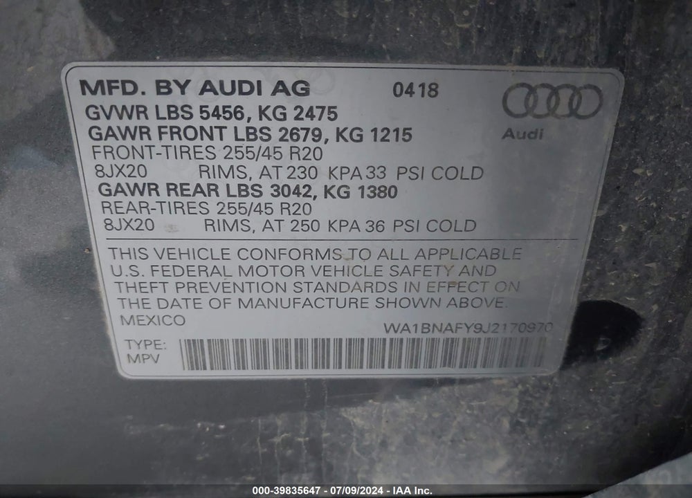 2018 AUDI Q5 2.0T PREMIUM/2.0T TECH PREMIUM VIN: WA1BNAFY9J2170970