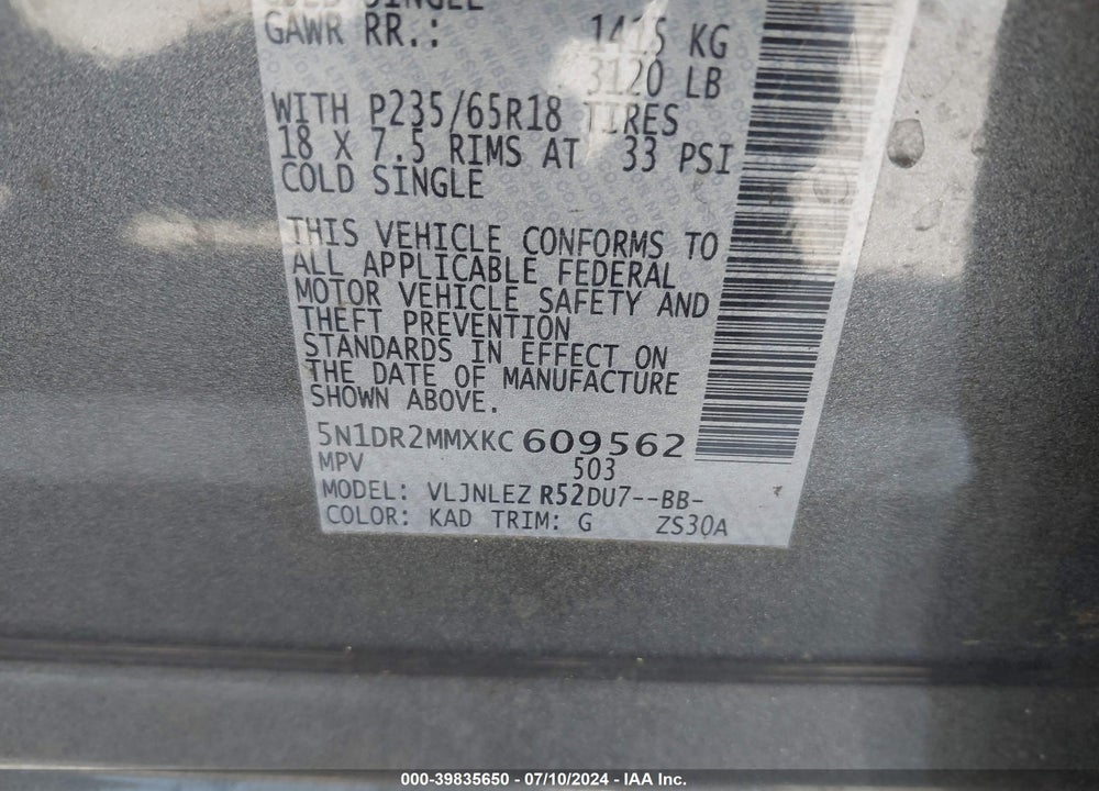 2019 NISSAN PATHFINDER SV VIN: 5N1DR2MMXKC609562
