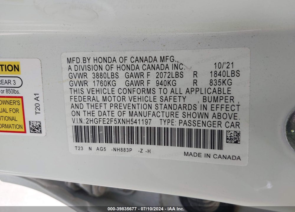 2022 HONDA CIVIC SPORT VIN: 2HGFE2F5XNH541197
