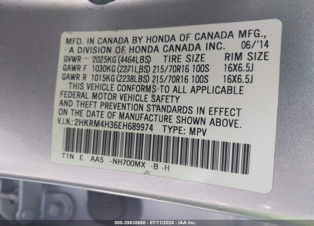 2014 HONDA CR-V LX VIN: 2HKRM4H36EH689974