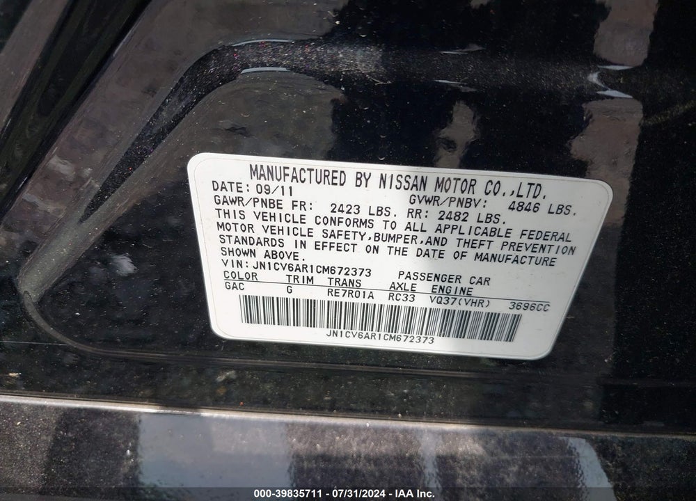 2012 INFINITI G37X VIN: JN1CV6AR1CM672373