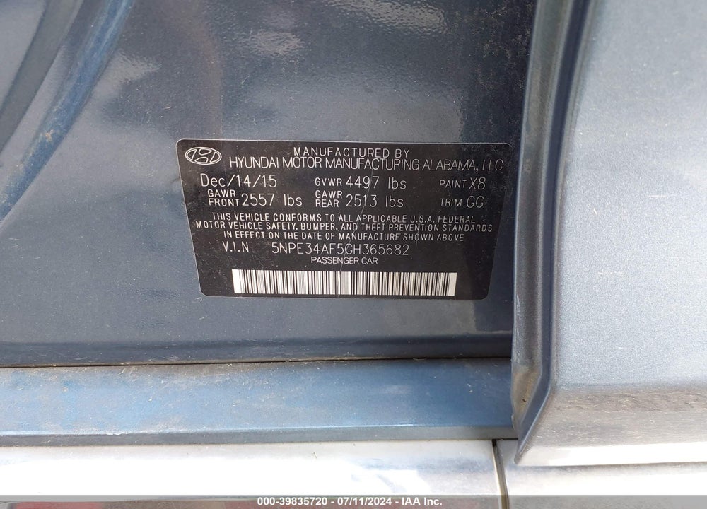 2016 HYUNDAI SONATA SPORT VIN: 5NPE34AF5GH365682