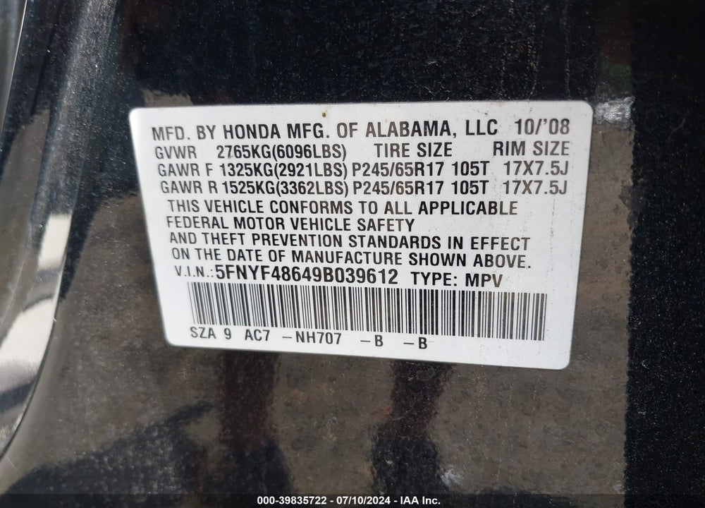 2009 HONDA PILOT EX-L VIN: 5FNYF48649B039612