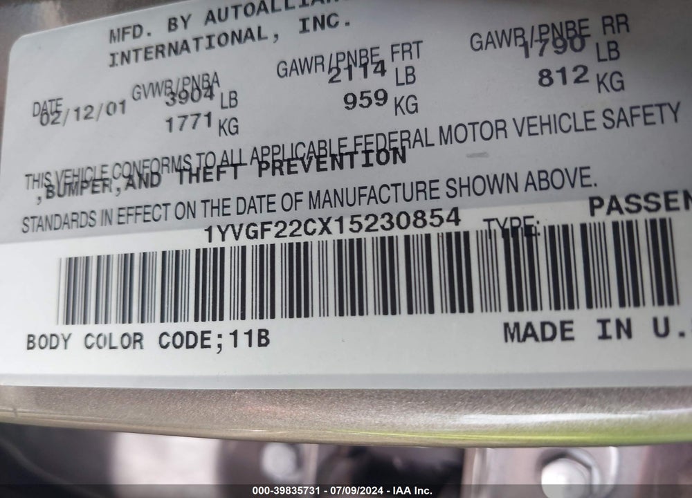 2001 MAZDA 626 ES/LX VIN: 1YVGF22CX15230854