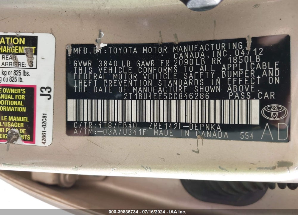 2012 TOYOTA COROLLA LE VIN: 2T1BU4EE5CC846286