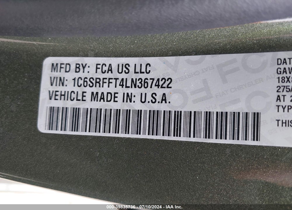 2020 RAM 1500 BIG HORN 4X4 5'7 BOX VIN: 1C6SRFFT4LN367422
