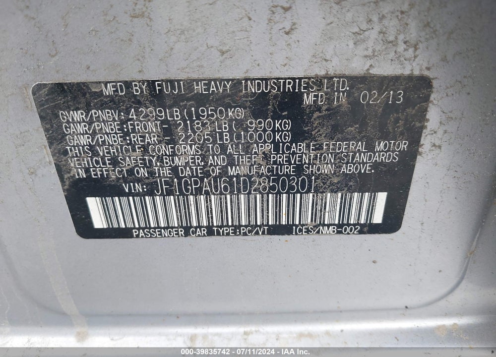 2013 SUBARU IMPREZA 2.0I SPORT LIMITED VIN: JF1GPAU61D2850301