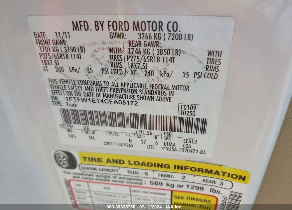 2012 FORD F-150 LARIAT VIN: 1FTFW1ET4CFA05172