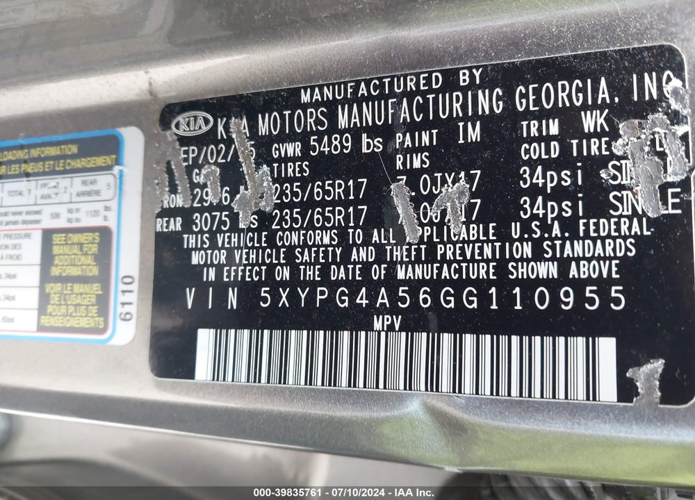 2016 KIA SORENTO 3.3L LX VIN: 5XYPG4A56GG110955