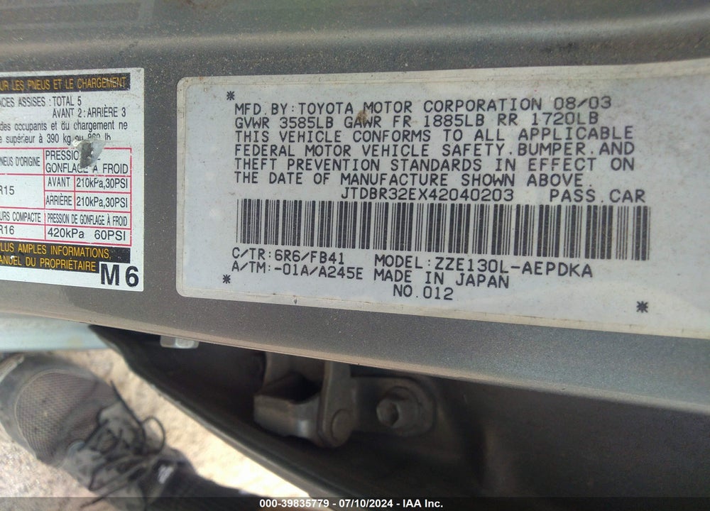 2004 TOYOTA COROLLA CE VIN: JTDBR32EX42040203